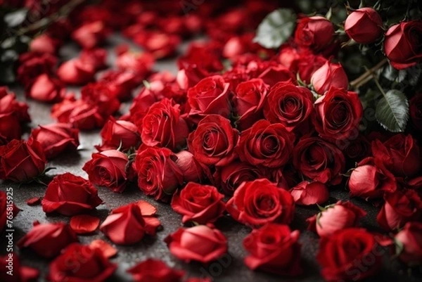 Obraz red roses and petals. red roses on the ground. bouquet of roses. 