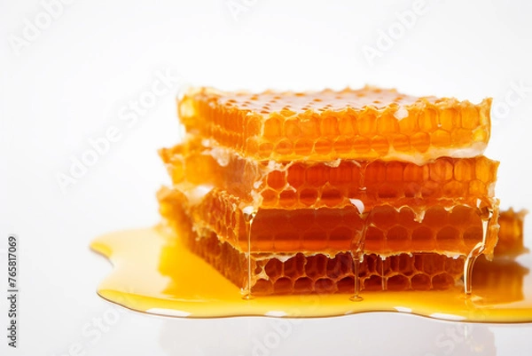 Fototapeta The theme is missing honeycomb .fresh honey , studio photo. white background сreated with Generative Ai