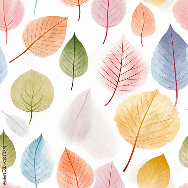 Fototapeta Many leaf colored leaves in a pattern on white, in the style of translucent geometries, textured backgrounds сreated with Generative Ai