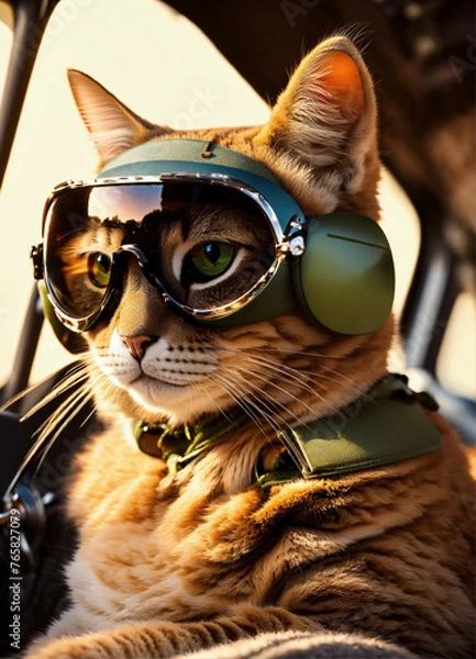 Fototapeta Feline Aviator Adorable Cat Piloting a Fighter Jet in Stylish Sunglasses