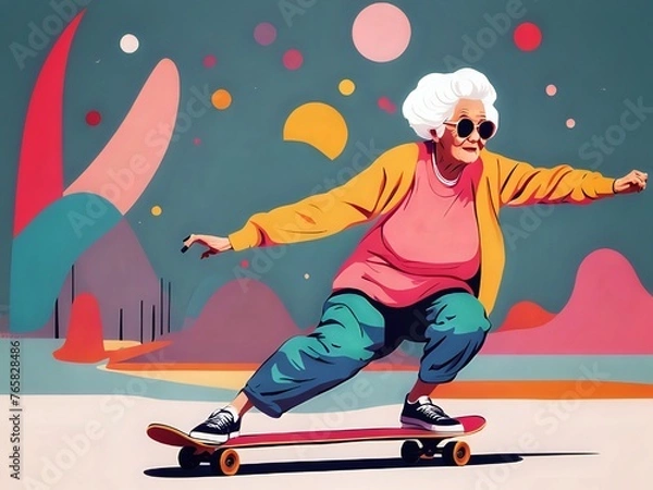 Obraz "Ageless Adventure: Grandma Embraces Skateboarding Fun!"