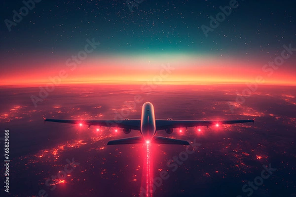 Fototapeta The image depicts a commercial airliner flying at high altitude, its form illuminated by the glow of city lights beneath and the sparkling stars of the night sky above.