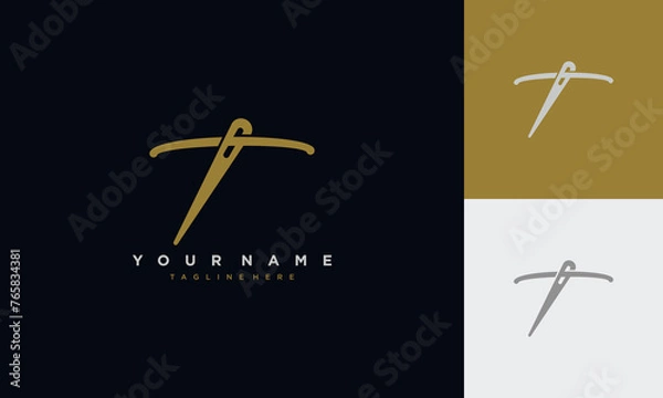 Fototapeta Initial letter t sewing logo formed from thread and needle with gold colour