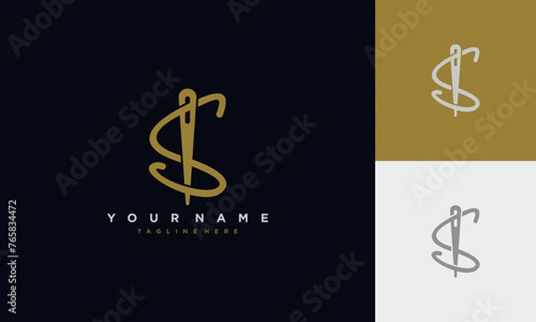 Fototapeta Initial letter s sewing logo formed from thread and needle with gold colour