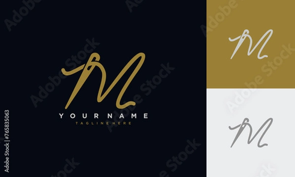 Obraz Initial letter m sewing logo formed from thread and needle with gold colour