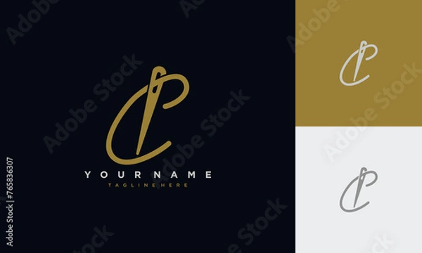 Obraz Initial letter c sewing logo formed from thread and needle with gold colour