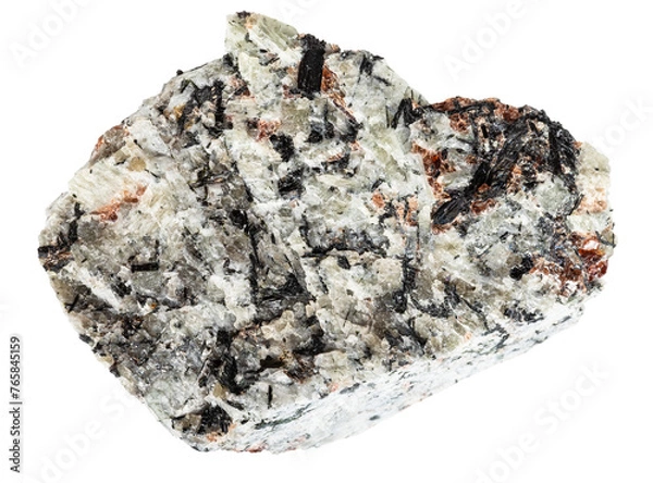 Fototapeta close up of sample of natural stone from geological collection - raw foyaite mineral isolated on white background from Kola Peninsula