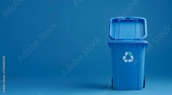 Fototapeta blue dustbin specifically designated for recycling paper trash, isolated on a serene blue background, highlighting the importance of paper recycling and waste management practices, copy space