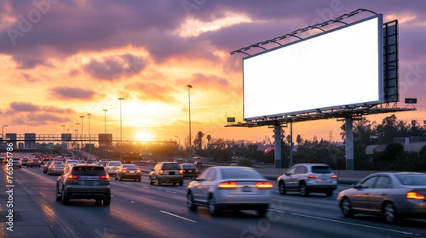 Fototapeta Empty Billboard During Daytime on Busy Road Business Traffic, Generative AI