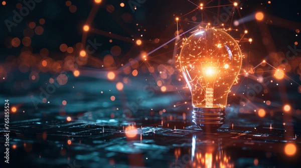 Fototapeta rising hope on bright side of  the technology innovation in the light bulb with connectivity of global world connection of businesses on the dark blue background 