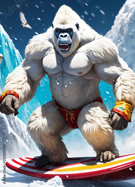 Fototapeta Snowboarding Rapper Gorilla Shredding Through an Avalanche of Snow