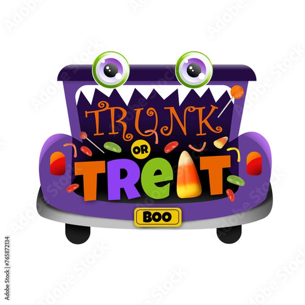 Fototapeta A trunk or treat isolated graphic of a car decorated for Halloween theme trick or treat activity with candy