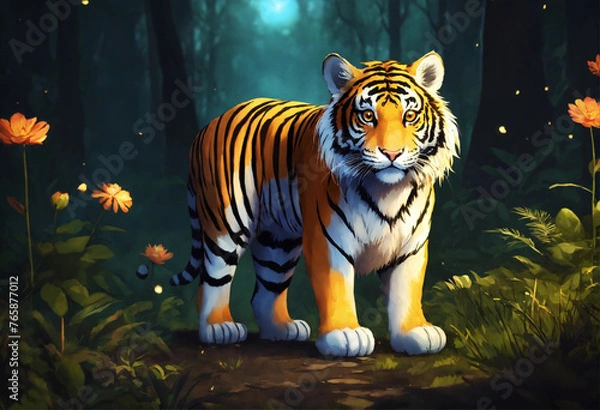 Fototapeta Mystical Tiger Realistic with Multiple Eyes, Nighttime Forest Ambiance