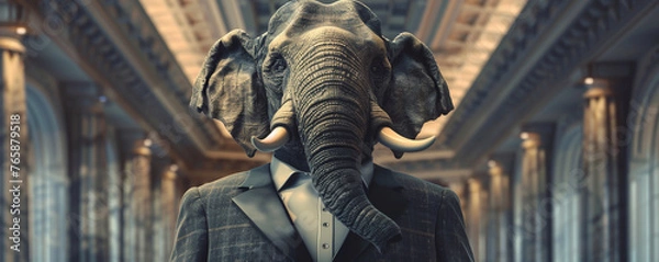 Obraz A noble elephant dressed in a stately suit with its tusks polished standing in a grand studio symbolizing robust and powerful business prowess