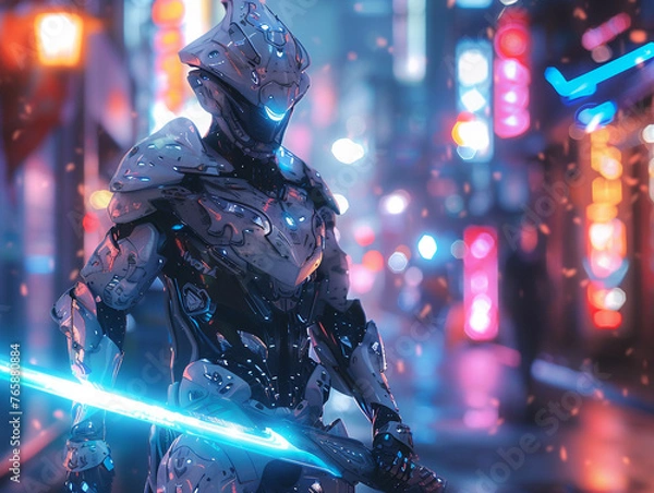 Fototapeta A cybernetic warrior wielding a sword infused with mystical energy, standing in a neon-lit alley