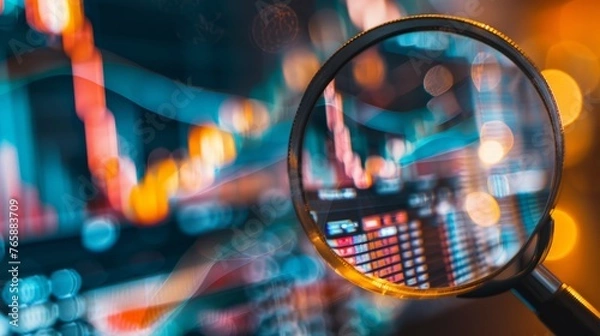 Fototapeta A magnifying glass focusing on a market report, detailed analysis