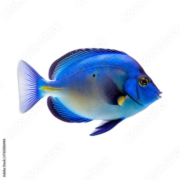 Fototapeta A blue and yellow Paracanthurus or Tang fish isolated on a transparent background