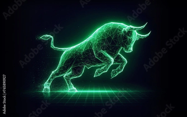 Fototapeta Striking Neon Luminescent Bull Representing Bull Market and Bullish Trend on the Stock Market. Concept of Strength and Energy in AI Digital Artwork. Design with a wireframe structure, illuminated agai