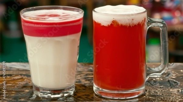 Fototapeta  a couple of glasses filled with liquid sitting on top of a table next to each other on a wooden table.