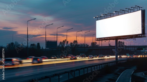 Fototapeta White Blank Illuminated Billboard on Busy Road at Night, Generative AI