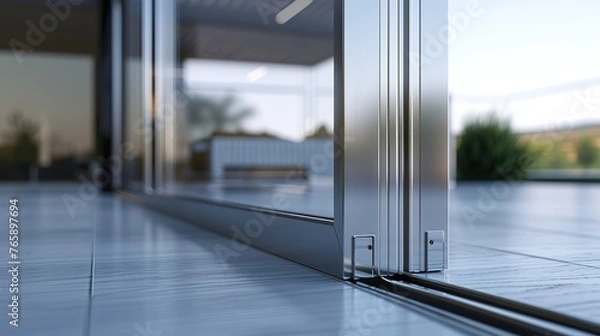 Obraz A UHD close-up of a minimalist sliding glass door mechanism, its smooth operation and clean lines highlighted against the neutral background, offering both functionality and style.