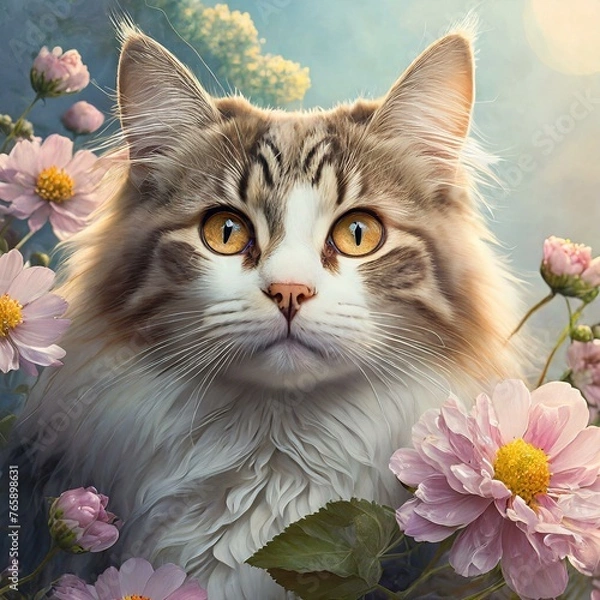 Fototapeta fluffy cat and pink flowers