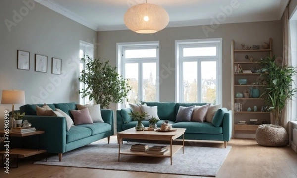 Fototapeta A Haven for Relaxation: Cozy Living Room with Inviting Atmosphere. Inviting Living Room Interior with Comfy Sofa. Cozy Living Room with Bookshelves