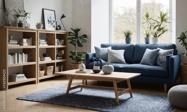 Fototapeta Photo of a cozy Scandinavian living room bathed in soft natural light