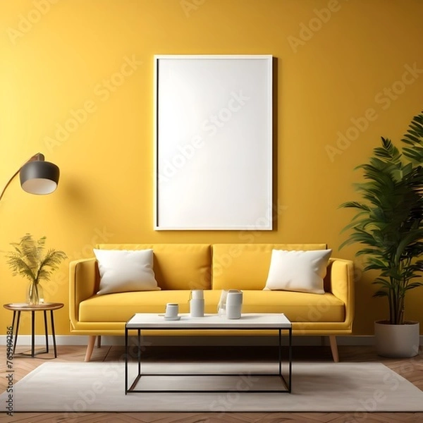 Fototapeta Blank canvas frame mockup or blank poster frame with home interior
