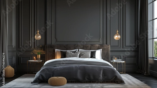 Obraz Opulent Gray Bedroom Scene with Serene Atmosphere