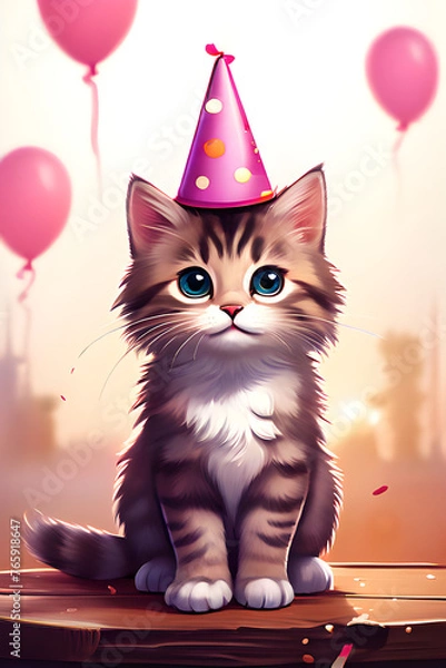 Obraz Cat in a birthday hat . Birthday card background photo