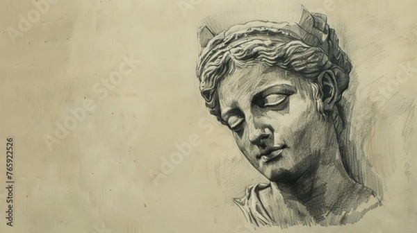 Fototapeta Greek goddess sculpture, muse head in contemplative pose. Charcoal sketch. Mythological art
