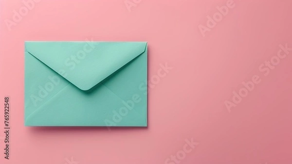 Obraz Green envelope isolated on light pink color background. With copy space for add text.