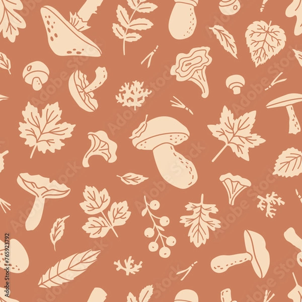 Fototapeta Mushrooms and leaves seamless patter. Vector background for fall decor, wallpaper and wrapping paper
