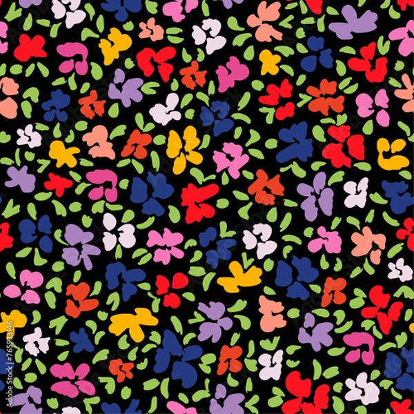 Obraz Cute retro flowers with leaves seamless repeat pattern on black background. Random placed, vector botany aop, all over surface print.