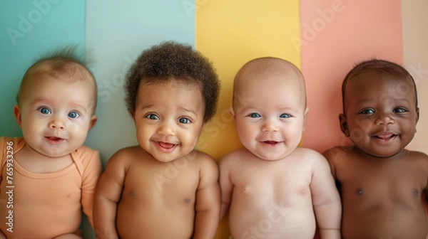 Obraz Cheerful babies of different ethnicities in diversity photo shoot on soft color background.