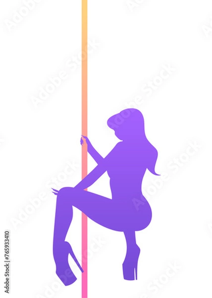 Fototapeta Exotic pole dance. Silhouette of girl and pole on a white background. Striptease dancer on high heels. Vector isolated illustration