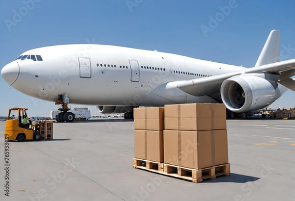 Fototapeta Loading cargo on plane in airport. Delivery by air