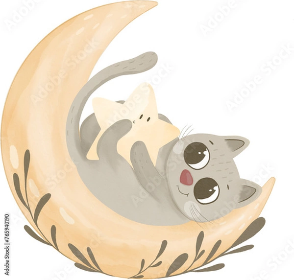Fototapeta cat on the moon with star clipart, sticker, night sky with cats and stars, print for fabric, icon, packaging, stationery, clothes with cats, stars, branches