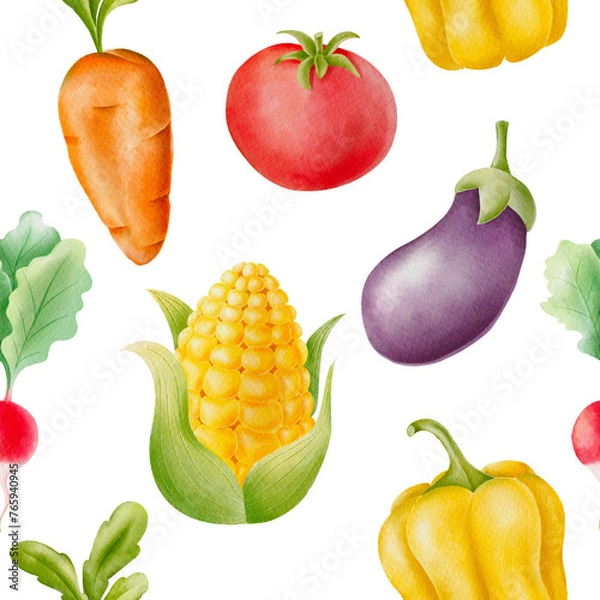 Obraz Hand drawn watercolor vegetable seamless pattern. Vegetable background with carrot, tomato, radish, corn, eggplant, pepper. 