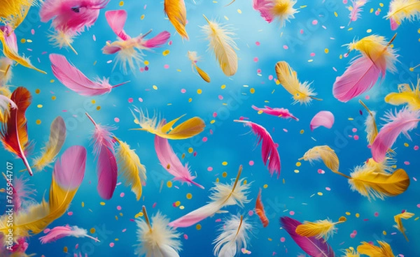 Fototapeta Feathers and Confetti: A Burst of Color against Blue Canvas