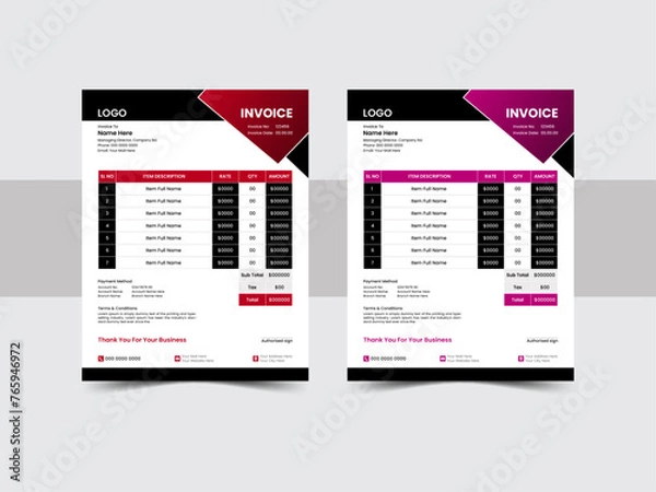 Fototapeta Abstract modern colorful business invoice template. color variation creative invoice template Paper Sheet Include Accounting, Price, Tax, and Quantity. With color variation Vector illustration.