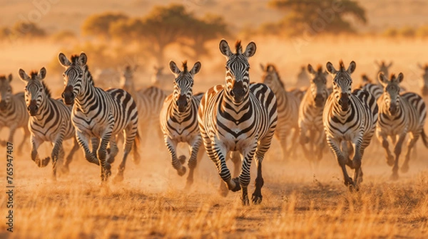 Fototapeta Dynamic movement of a herd of zebras galloping across the savannah, illuminated by the golden hues of sunlight