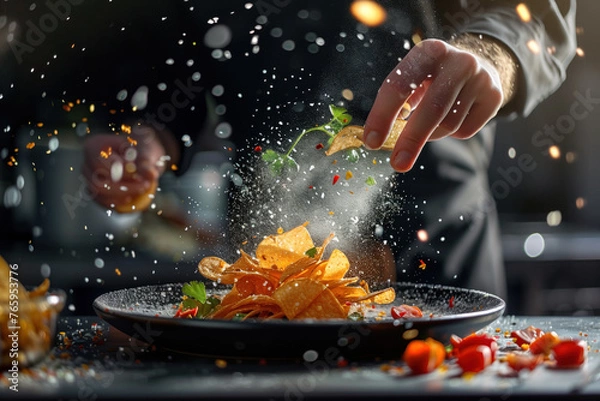 Fototapeta A skilled chef adds the final touch to a colorful, appetizing dish of chips, sending spices and ingredients into an elegant dance of flavors and aromas.