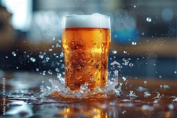 Fototapeta A glass of foamy beer was dynamically placed on the table with splashes. Splashes from the glass scattered around. Beer promotion concept