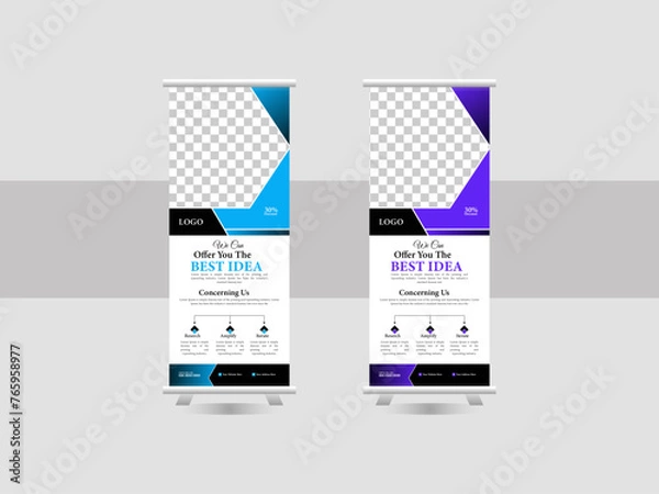 Fototapeta Corporate roll banner or poster design. Abstract design with creative layout template. Marketing, annual meetings, promotions and advertising roll up banner stand.