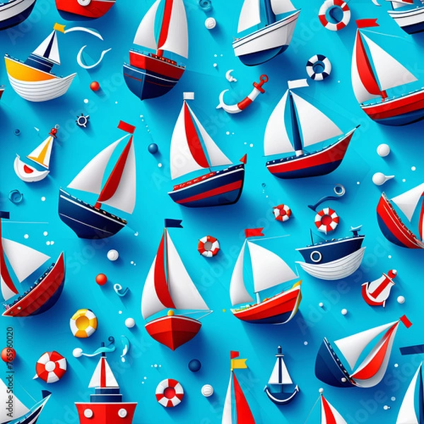 Fototapeta Blue Background With Red, White, and Blue Sailboats. Generative AI