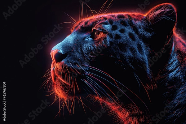 Fototapeta A minimalist rendering of a sleek panther, poised and alert, depicted in bold lines against a midnight black background, radiating power and stealth.