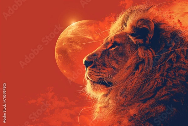 Fototapeta A minimalist illustration of a regal lion, with mane flowing in the wind, rendered in bold lines against a golden sunset backdrop, symbolizing strength and leadership.