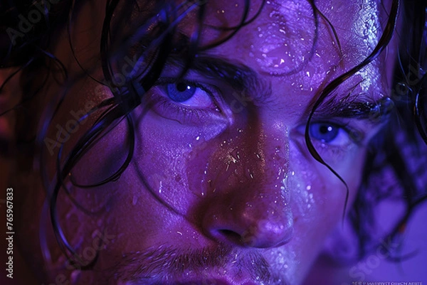 Fototapeta On a radiant purple background, a man's face softens with love, his eyes warm and affectionate as he gazes at someone dear to his heart.